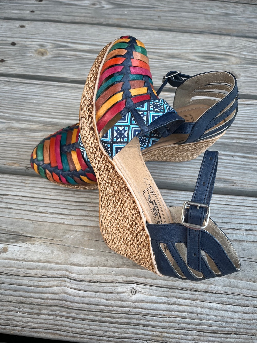 Lira Multicolor Woven Ankle-Strap Wedges with Navy Trim